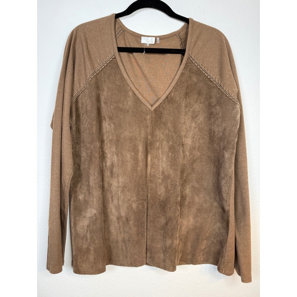 Ecru Suede Front Top Long Sleeve V-Neck Comfortable Casual Womens Large